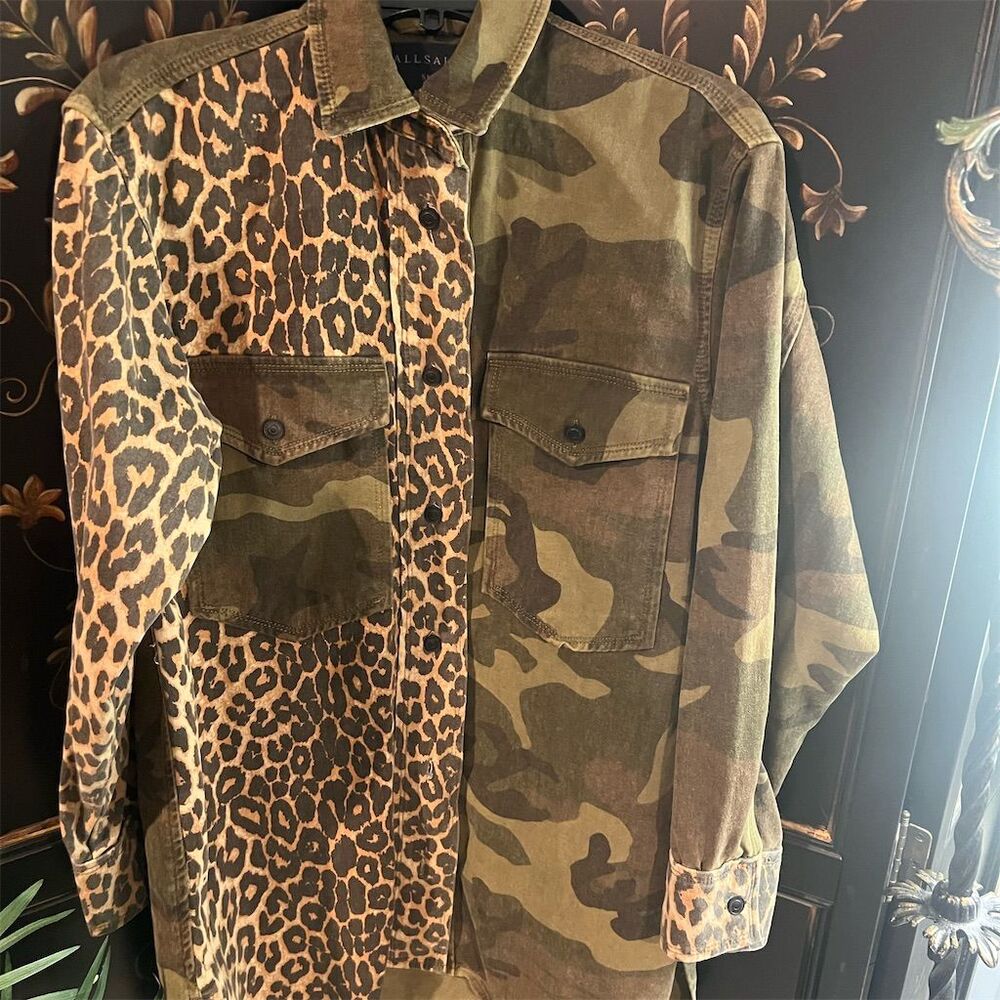 All Saints Shacket Camouflage Leopard Print Button-Up Shirt Size S Multicolor